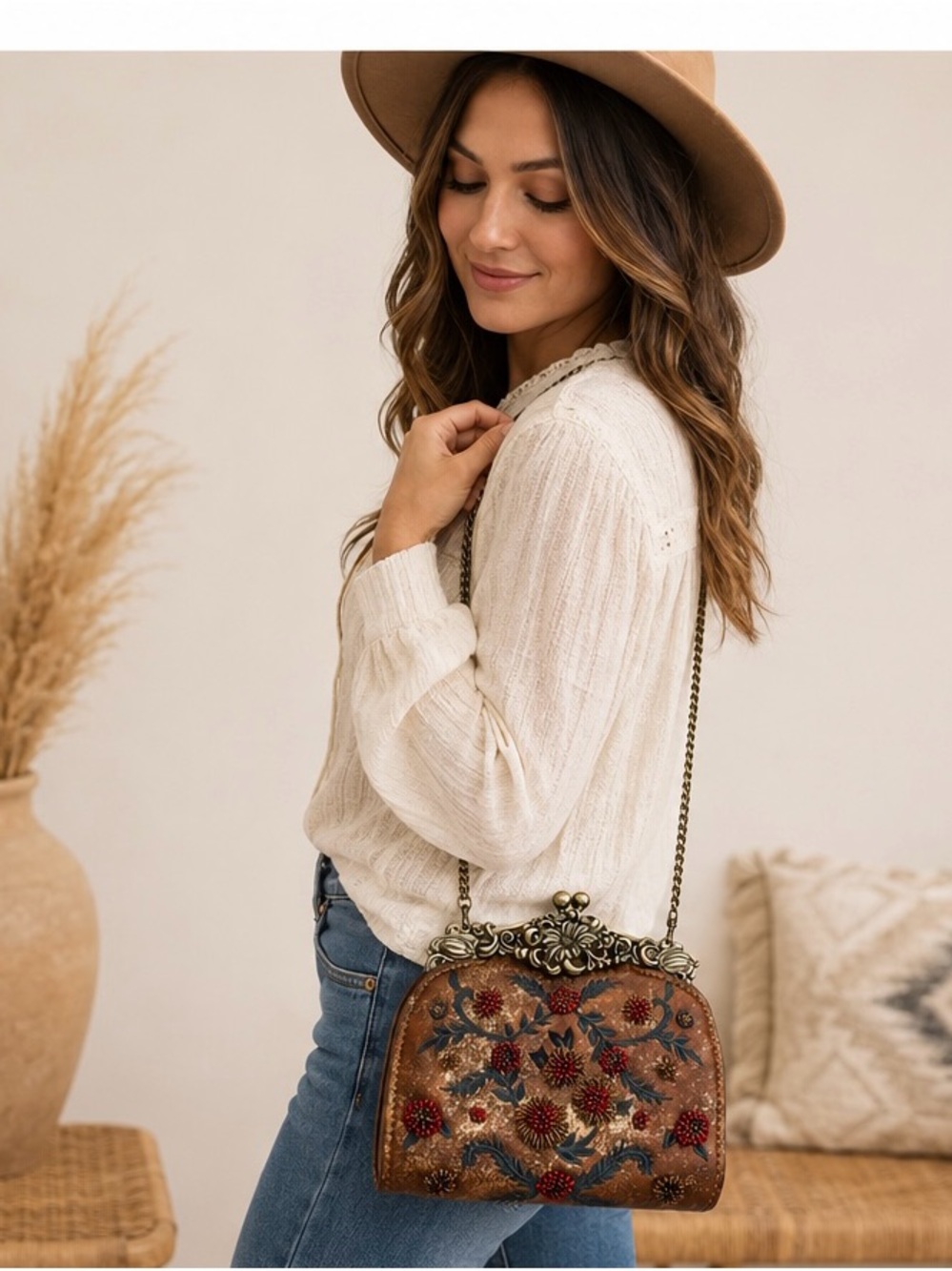 Vintage-Inspired Embroidered Brown Shoulder Bag
